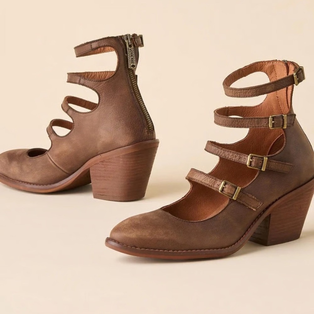 Sundance VERACRUZ‎ Brown Leather Strappy Ankle Zip Block Heel Shoes Size 39